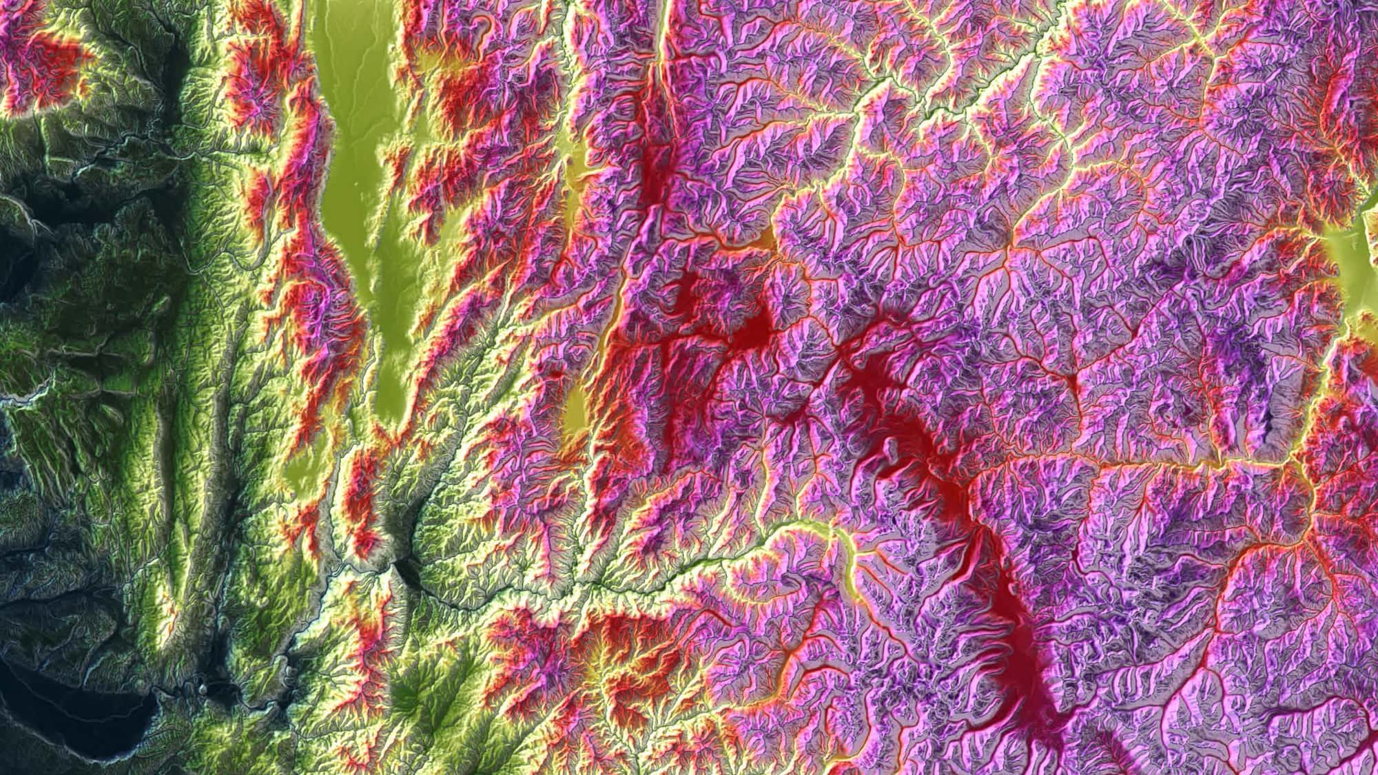 Colorized bare-earth elevation model of mountainous terrain.