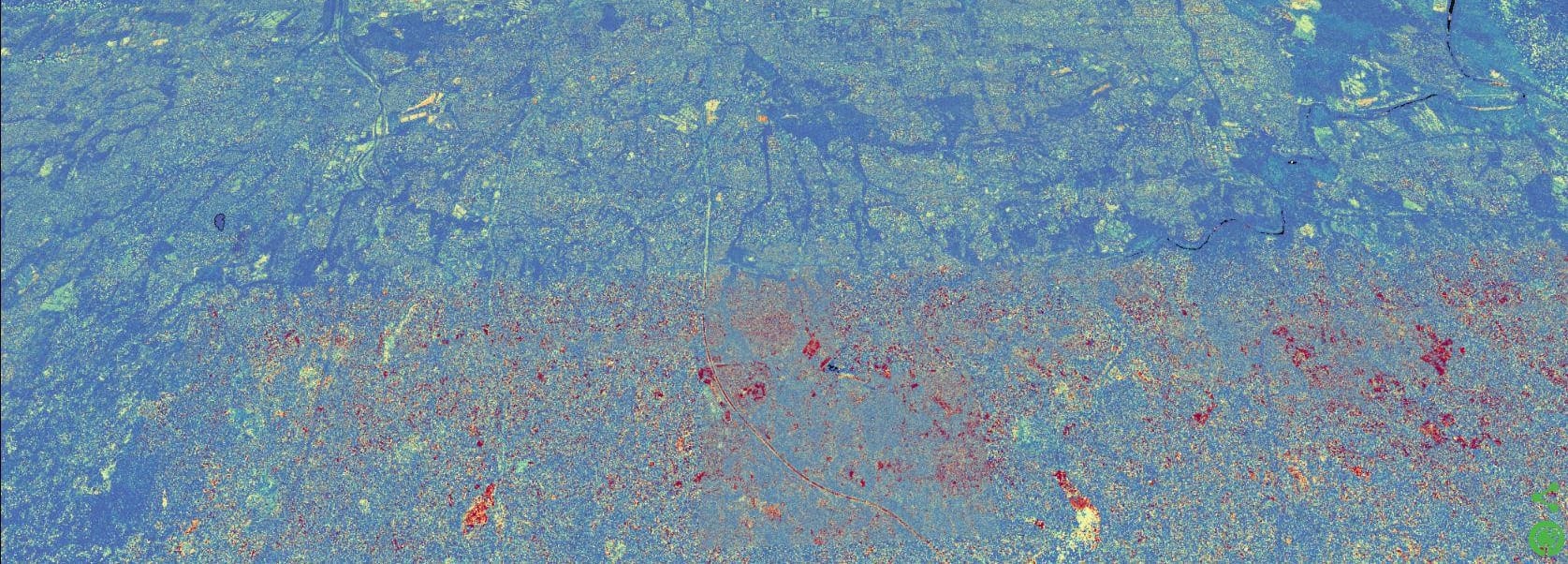 Nuage de points LiDAR aéroporté coloré selon l'intensité des retours laser, du bleu pour les valeurs basses au rouge pour les valeurs élevées.