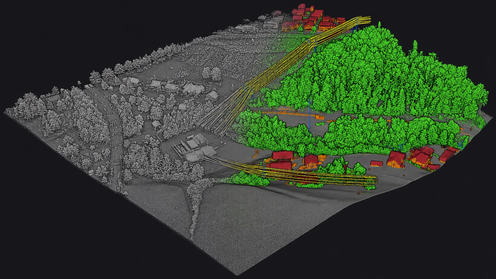 Perspective view of an airborne LiDAR block classified into ground, vegetation, buildings, and utilities by color.